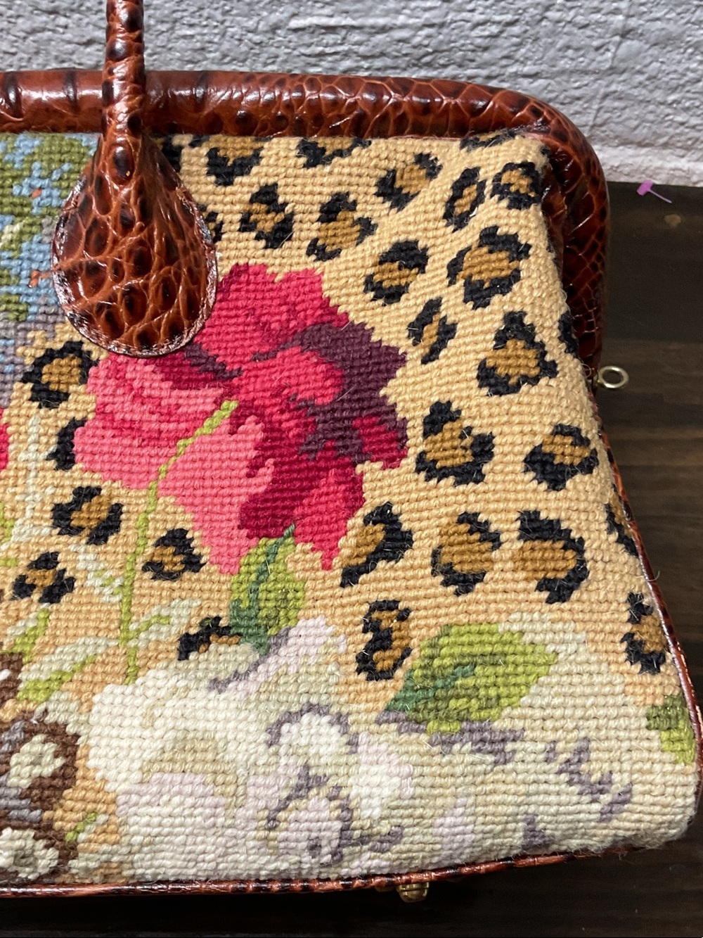 Clever Carriage Company Needlepoint Large Satchel Cheetah Roses Handbag Purse - Picture 9 of 14